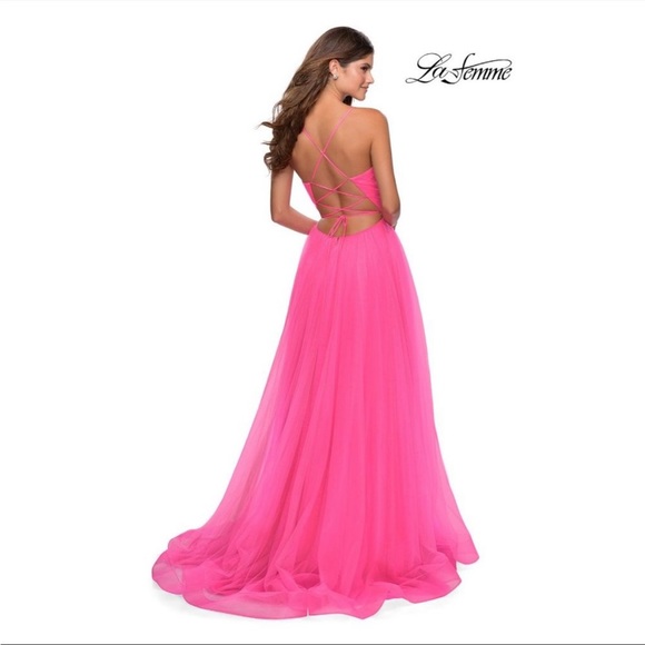 LA FEMME Neon pink Light Tulle Gown dress size 2 NEW - Picture 9 of 10